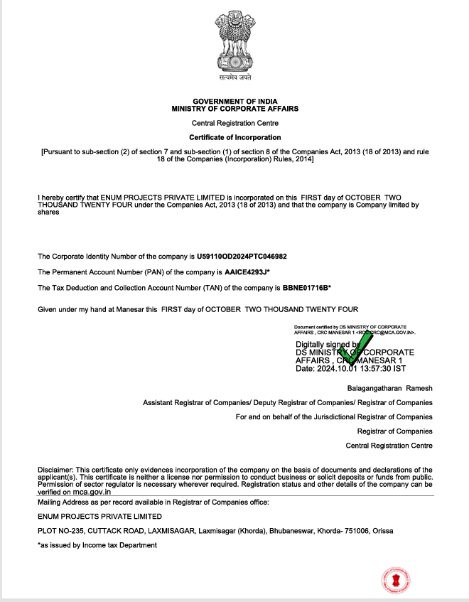 MCA Certificate of Incorporation for ENUM PROJECTS PRIVATE LIMITED
